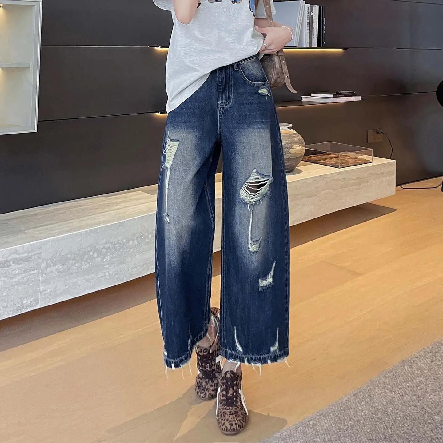 Women's Vintage Ripped Frayed Cropped Wide Leg Jeans, Summer New High Waist Slim Fit American Street Straight Leg Pants