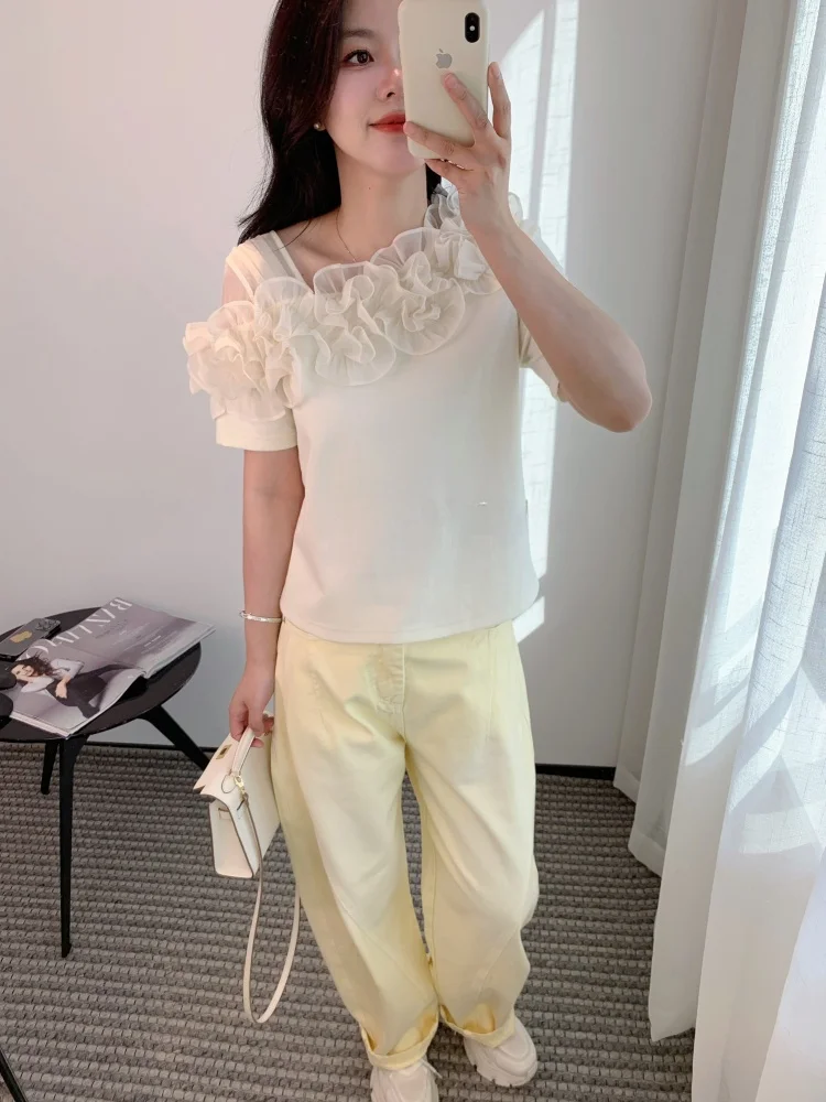 

Футболка женская из 100% хлопка с диагональным воротником, летняя, из тонкой ткани, прямого кроя, базового цвета