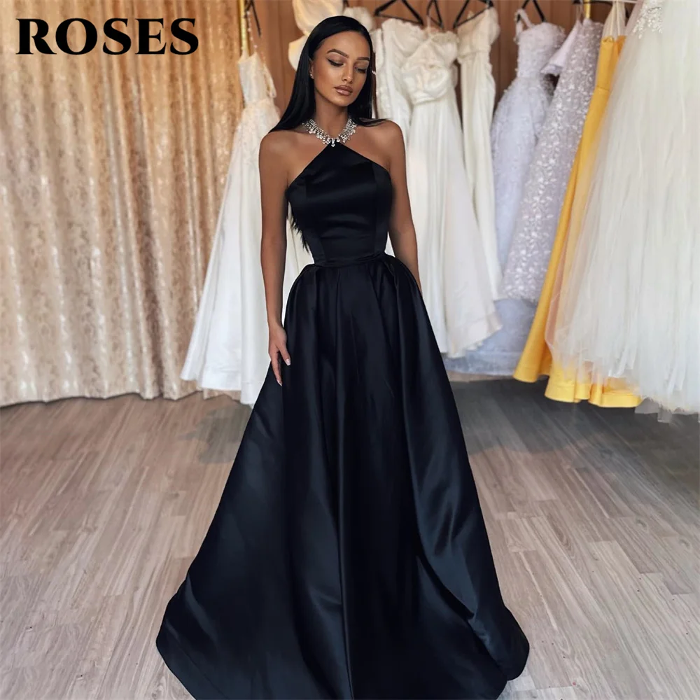 

ROSES Halter Black Elegant Sexy Wedding Party Dress A Line Celebrity Dresses Sleeveless Special Occasion Dresses robes du soir