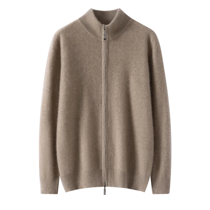 

100% pure cashmere men's cardigan jacket, business casual solid color knitted sweater, loose half high neck, Tops warm Tees