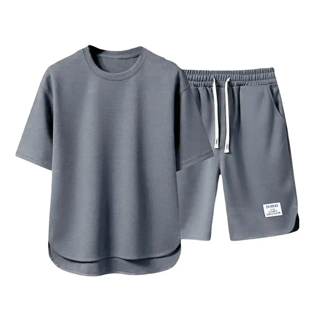 Conjunto de agasalho casual masculino, camiseta de manga curta com gola O, cintura elástica com cordão, shorts de perna larga, roupa esportiva, verão