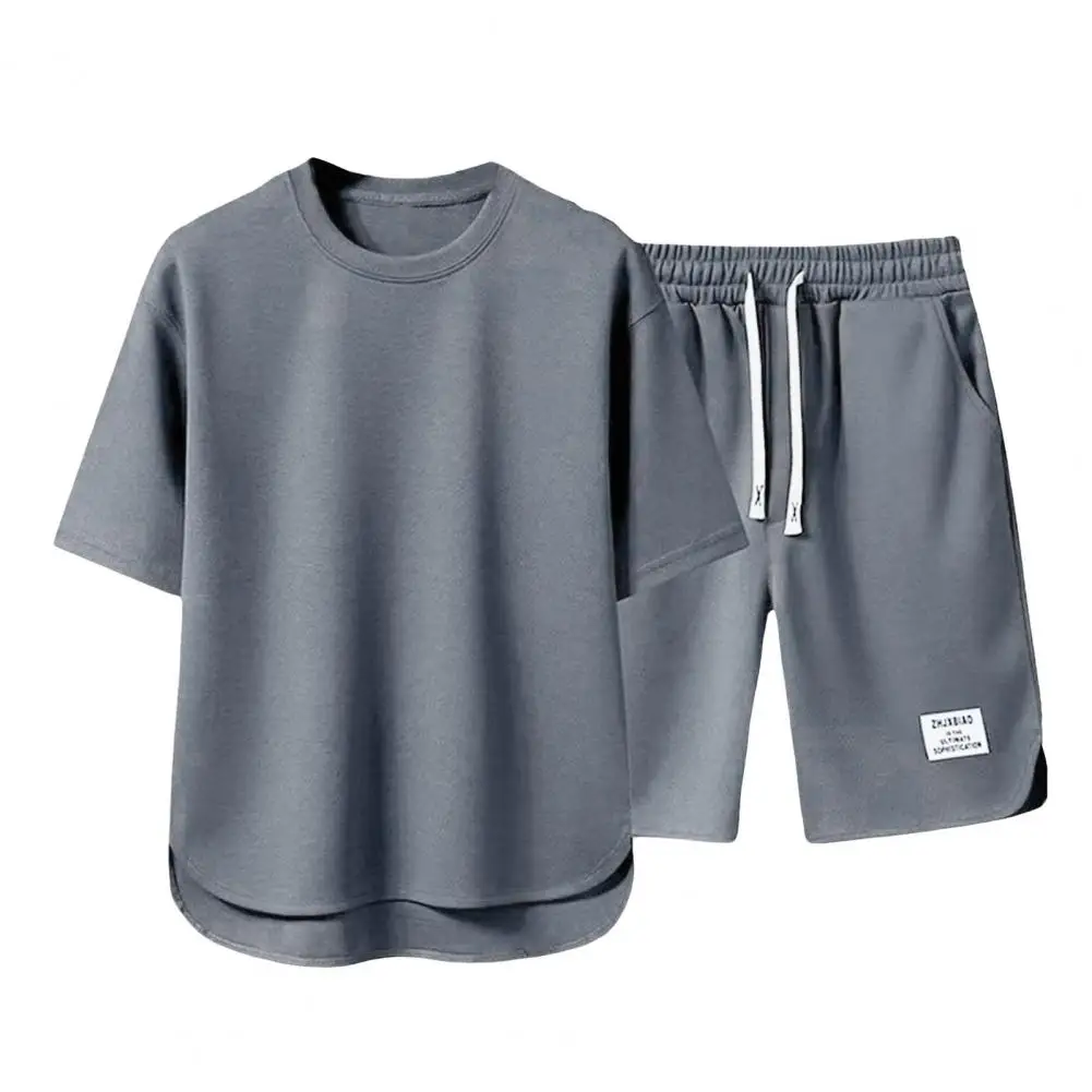 Men's Tracksuit Summer Casual Outfit O-neck Short Sleeve T-shirt Elastic Drawstring Waist Wide Leg Shorts Set Activewear Set