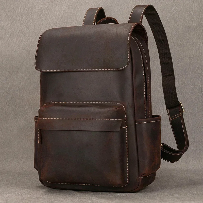 Mochila de couro genuíno masculino, Bolsa para laptop estilo vintage, Bolsa para computador de grande capacidade, estilo handmad, transporte da gota