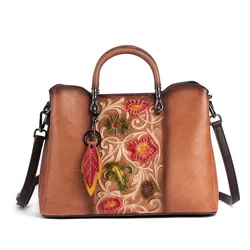 3D Floral Real Cow Leather Tote Bag Vintage Women Genuine Leather Handbag 2024 New Ladies Shoulder or Crossbody Bags