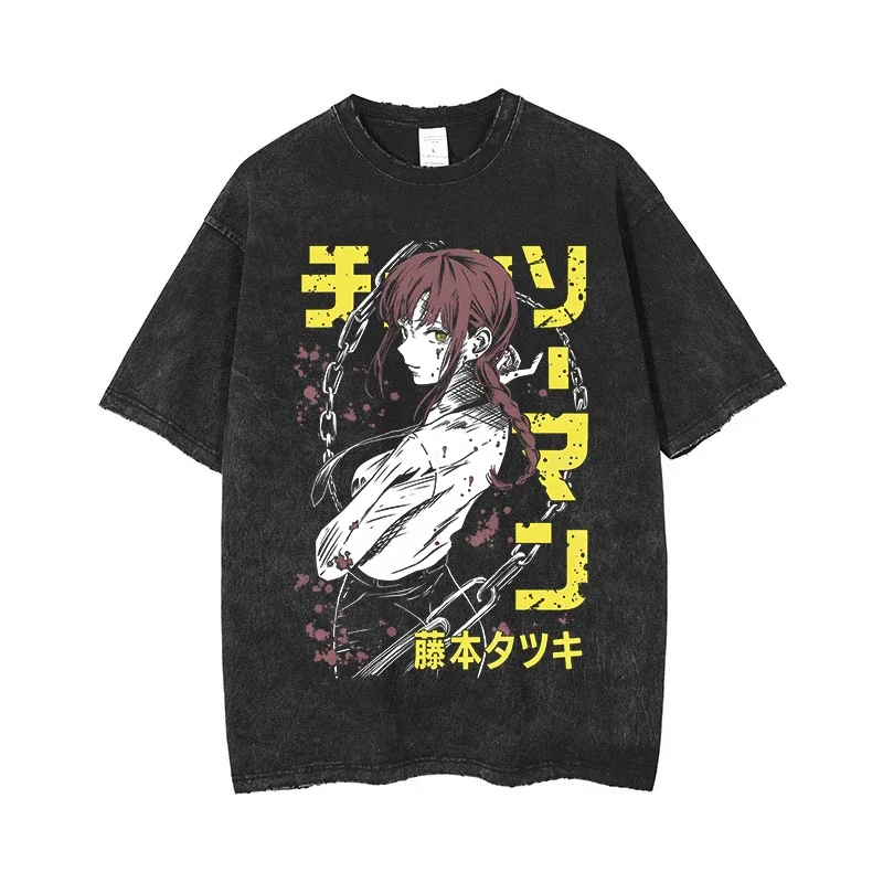 Anime Láncfűrész Férfi ACID tshirt retro évjárat washed Imprimé kelme Grafikus T Ing Nők harajuku Gyapot Alkalmi Porhanyós Ingujj tshirt