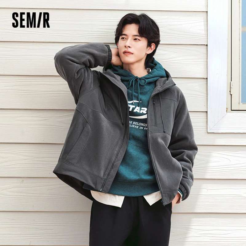 

Semir Jacket Men Plush Outerwear 2024 Winter New Loose Hooded Cotton-Padded Coat Trendy Splicing