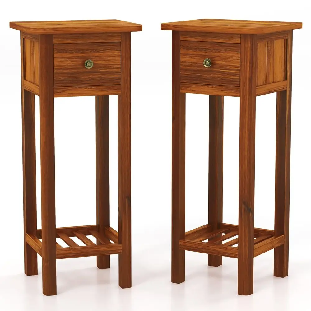 2Tier Narrow Side Table with Drawer, Acacia Wood Tall End Table for Small Spaces, Farmhouse Slim Bedside Table with Open Shelf,
