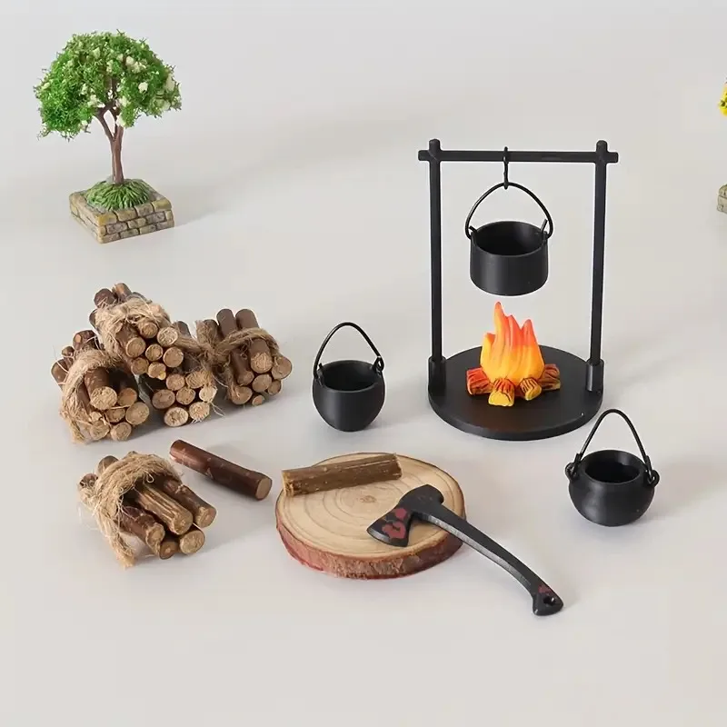 Mini Campfire and Teapot Miniature Statue Ornament Home Kitchen DIY Craft Accessories Desktop Photo Props Decor Christmas Gifts
