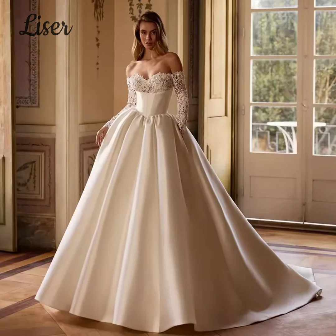 Liser Maßgeschneiderte Luxus-Satin-Hochzeitskleider Bauschiges Kleid Herzausschnitt Spitze Lange Ärmel Brautkleid Prinzessin Vestido De Novia