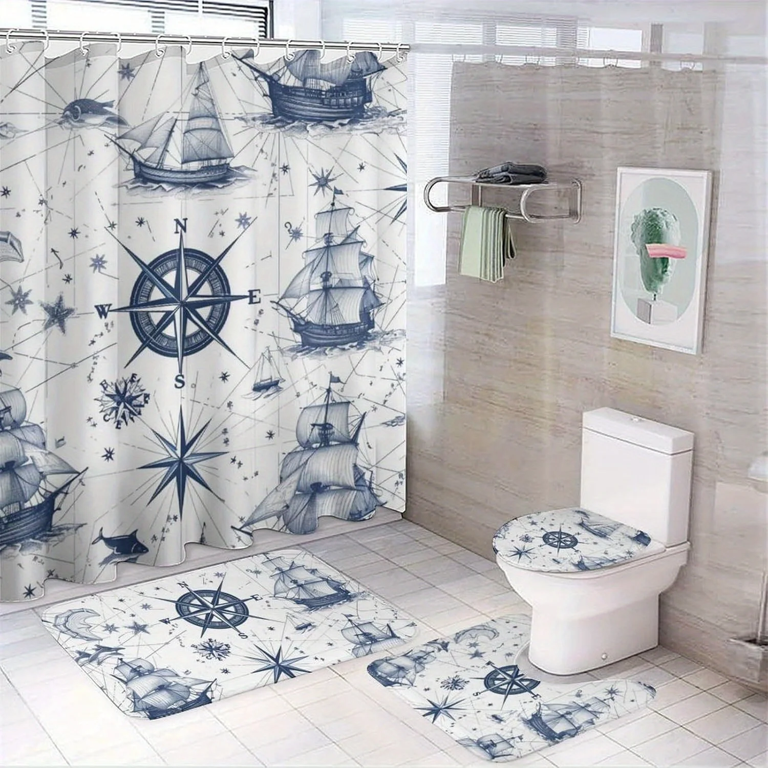 

Набор для ванной комнаты с морским компасом из 4 предметов, полиэфирная ткань, занавеска для душа, коврик для унитаза, нескользящий коврик, U-образный коврик