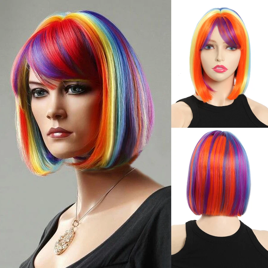 

Synthetic short Colorful BOB Halloween wig with bangs Western style fringe chemical fiber wig cosplay wig 12inch