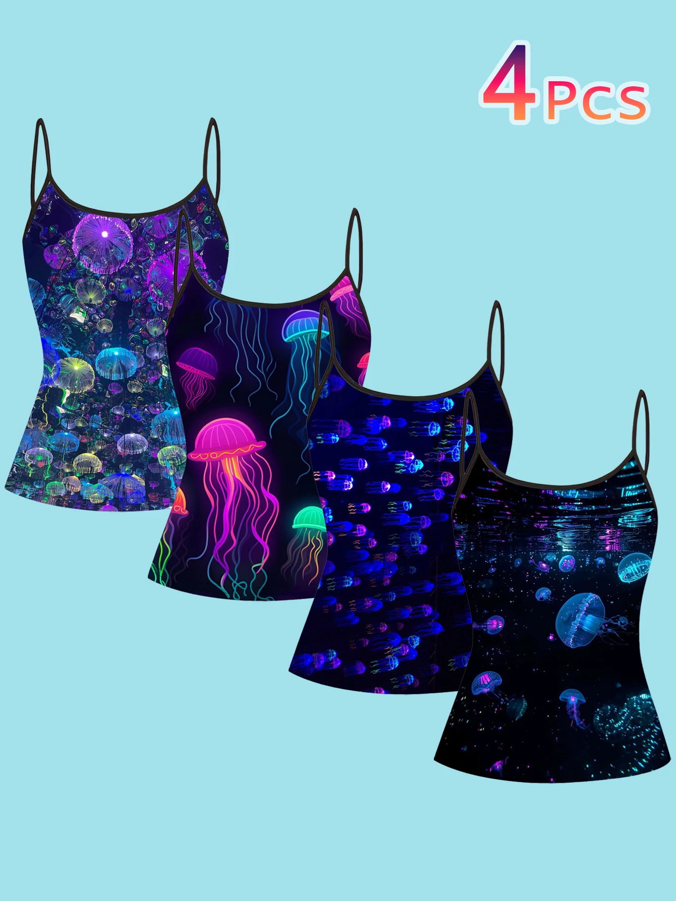 4-Piece Set of Women's Neon Glow-In-The-Dark Jellyfish Print Camisoles, Fantasy Deep-Sea Fluorescent Jellyfish Slim-Fit Spaghetti Strap Inner Tops