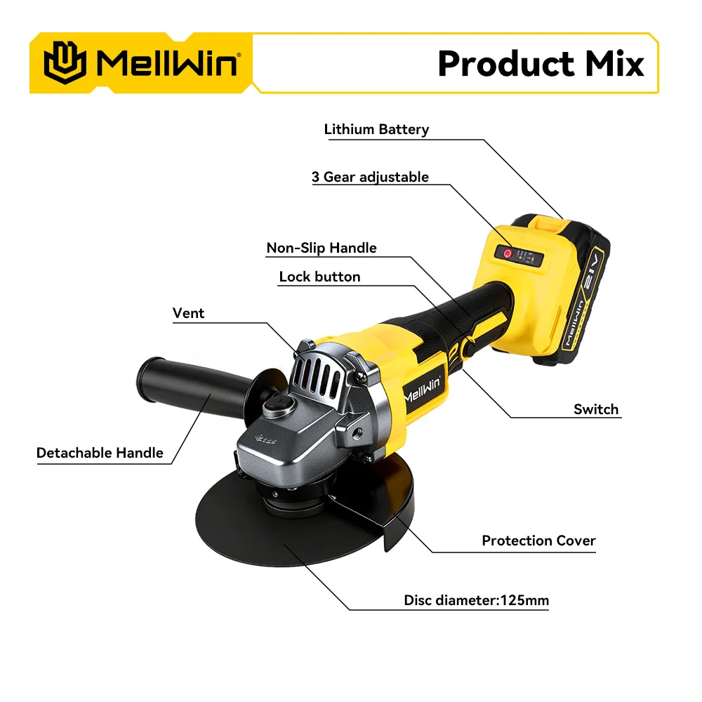 MELLWIN 125MM Bürstenloser Elektrischer Winkelschleifer 3-Gang M14 Schneid- und Poliermaschine Holzbearbeitungswerkzeug für Makita 18V Akku – Detail 5
