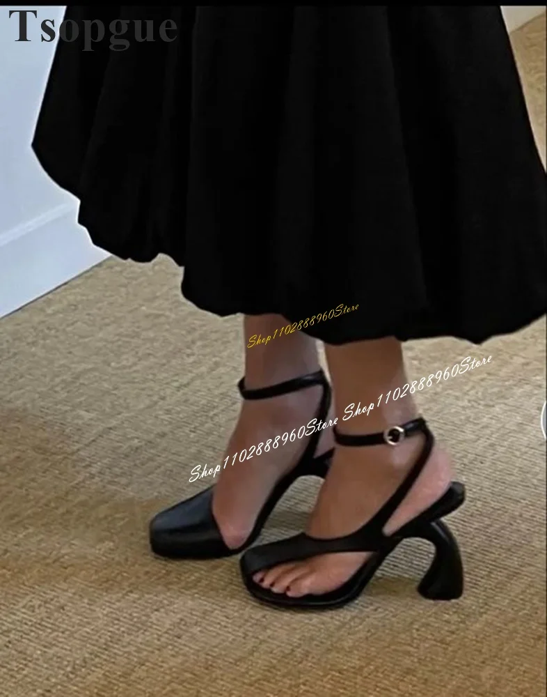 

Artificial Leather Black Trendy Sandals Strange Style Heel Women Shoes Ankle Buckle Strap Split Toe 2024 Zapatos Para Mujere