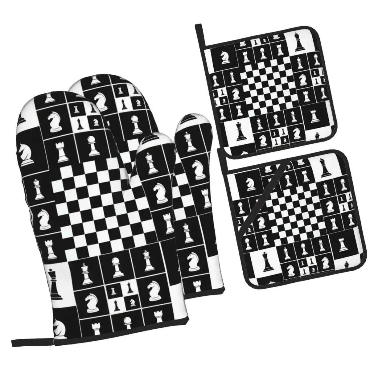 Chess Pieces On Board Chessboard Oven Mitts and Pot Holder Sets of 4 for Baking Cooking Grilling Resistant Non-Slip Gloves