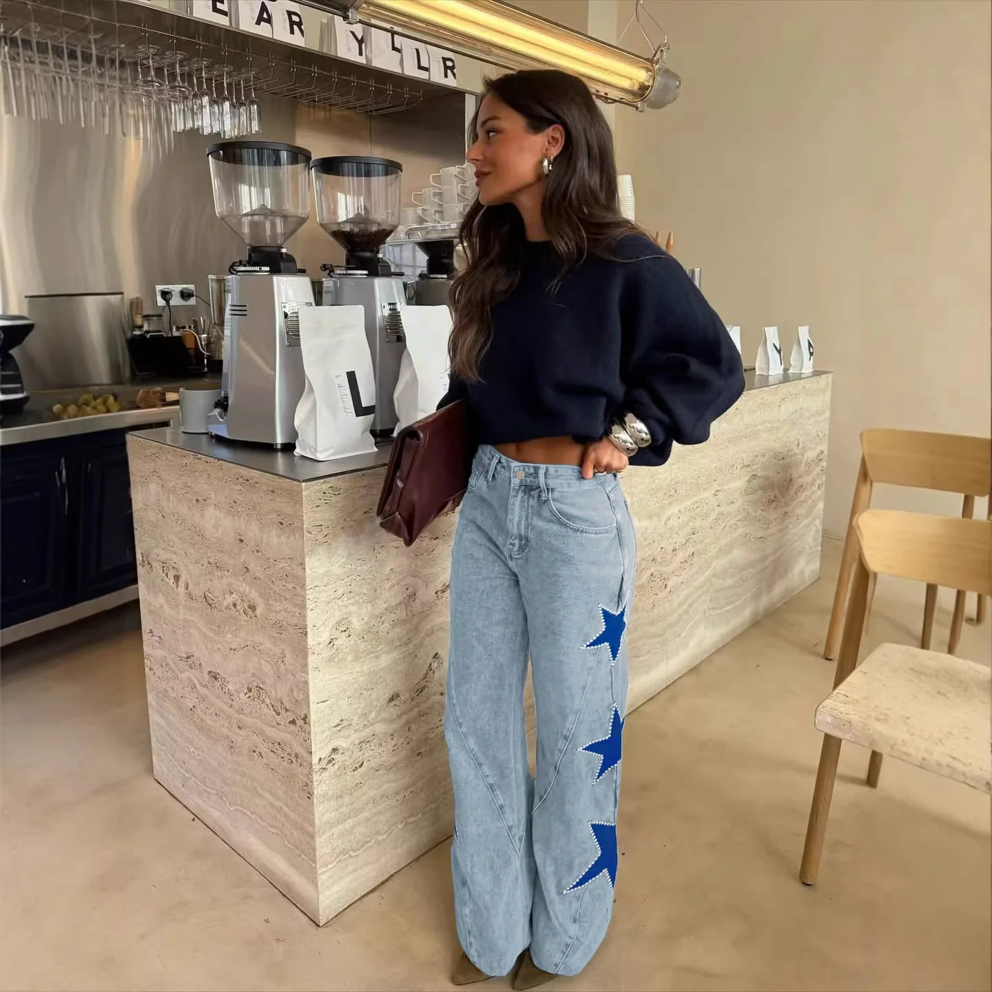 

Faionable Casual Star Print Loose Straight Leg Jeans for Women 2026 New Sle Straight Cut Blue Denim Trousers