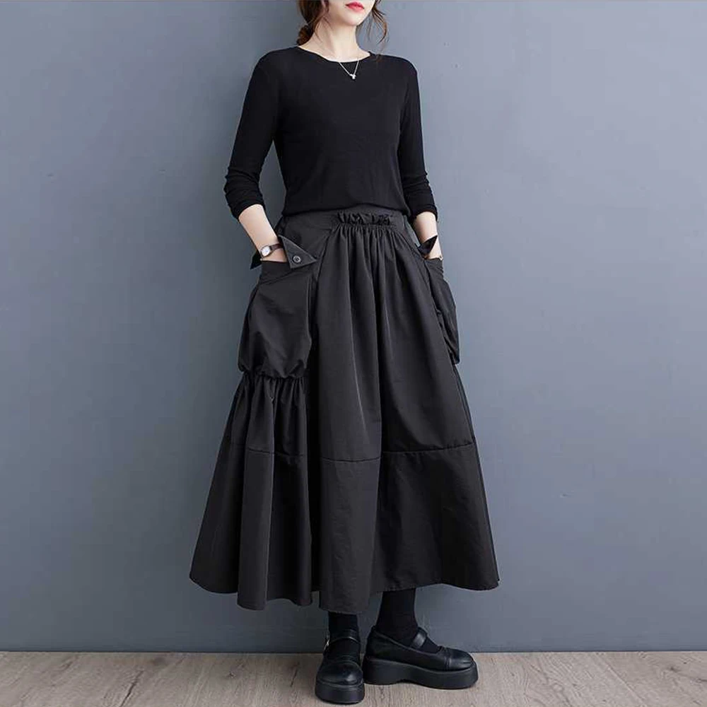 กระโปรงทรงเอ ยูนิคที รุ่นเรียบหรูสำหรับผู้หญิง มีกระเป๋า ดีไซน์เลเยอร์ เอวธรรมชาติ ความยาวปานกลาง เหมาะสำหรับใส่ในชีวิตประจำวัน แฟชั่นฤดูร้อน