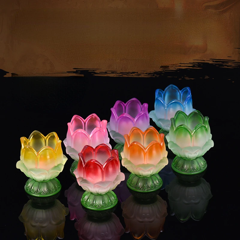 Colorful Glass Butter Lamp Lotus Lamp Holder Decoration Household Windproof Candlestick Buddha for Butter Lamp