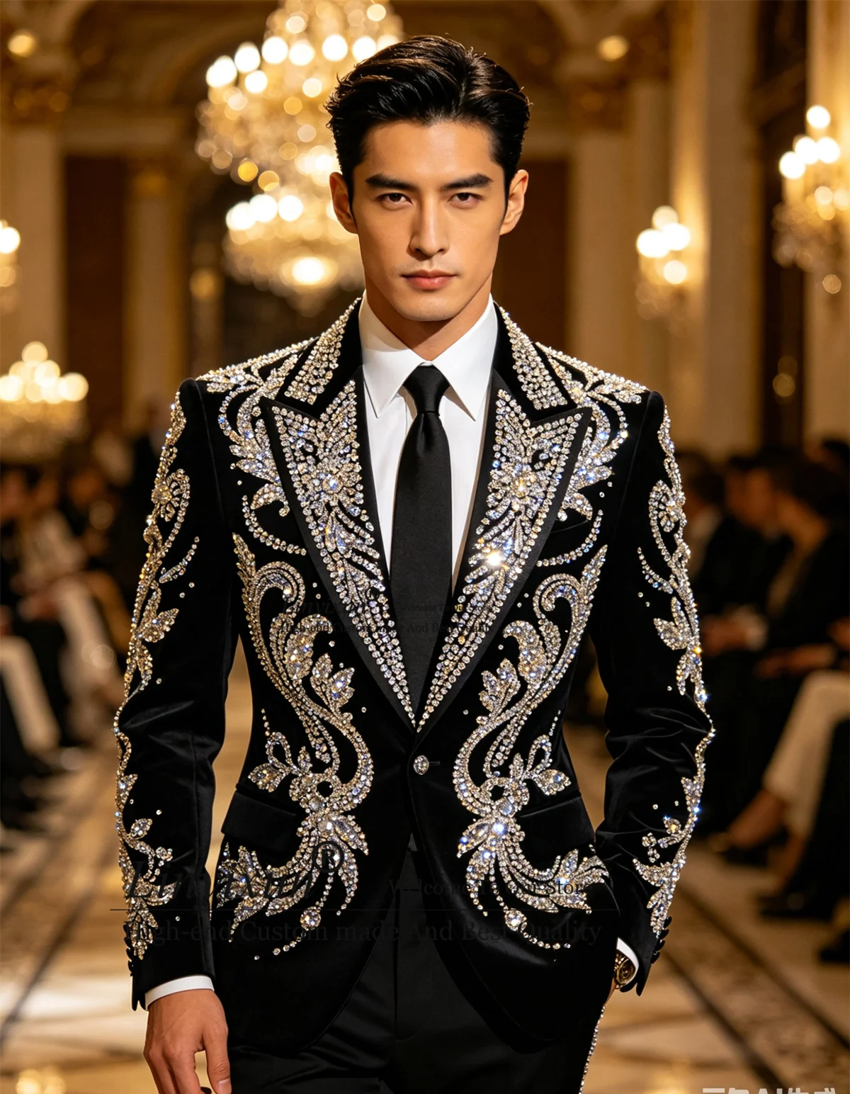 

Luxury Embroidered Crystals Tuxedo Men Suit Customized Slim Groom Party Male Blazers 2 Piece Set Wedding Peak Lapel ropa hombre