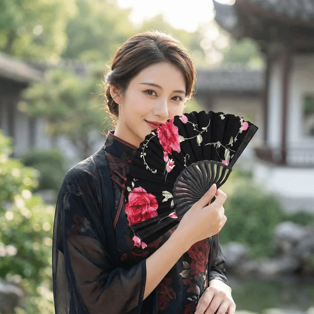 Beautiful Plastic Rod Folding Fan Hollow Decorative Cloth Hand Fan with Fan Ring Flower Handheld Fan Woman