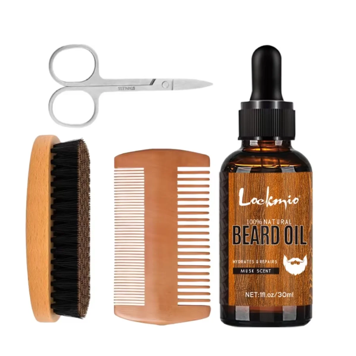 LOCKMIO Musk Scent Beard Oil Men Beards Conditioner Moisturizing & Smoothing Beard Serum Trimming Clipper Beards Brush Comb 4pcs