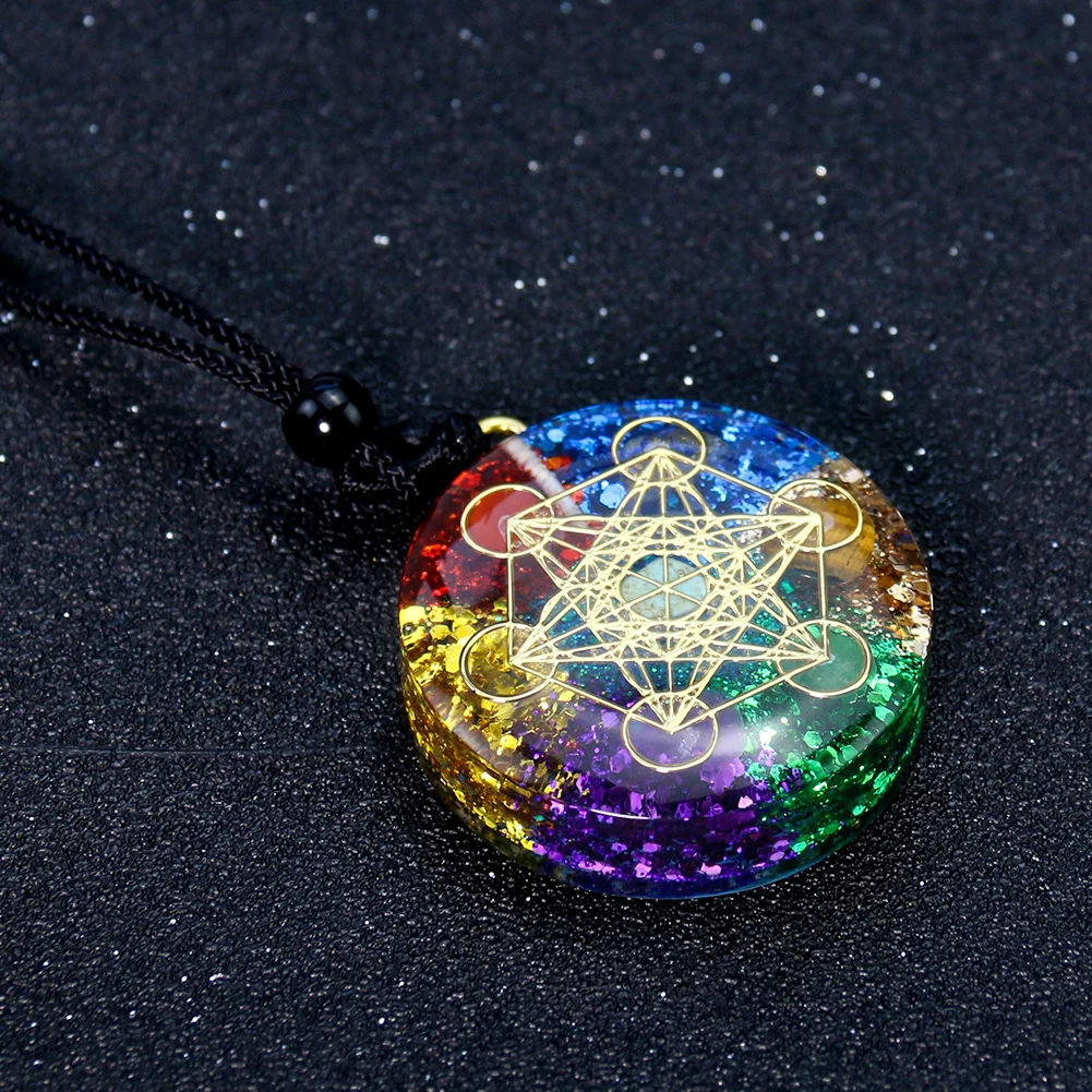 Orgonite Metatron Cube Necklace Natural Chakra Stone Sequins Pendant Energy Yoga Healing Reiki Meditation Pendulum Jewelry Gift