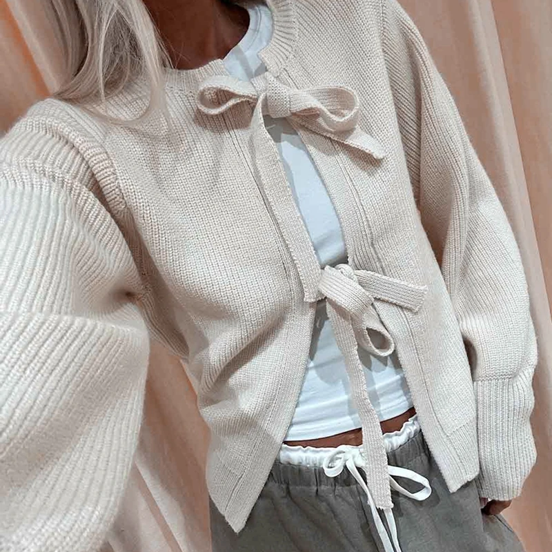 Autumn Winter Knit Cardigan Y2K Kawaii Tie Front Long Sleeve Sweater Coat Women Fashion Loose Fit Knitwear Jackets Streetwear