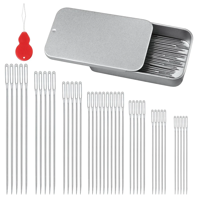 40 PCS Large Eye Beading Needles 7 Sizes Sewing Sharp Leather Needle Embroidery Thread with Threaders for Handsewing Art Crafts
