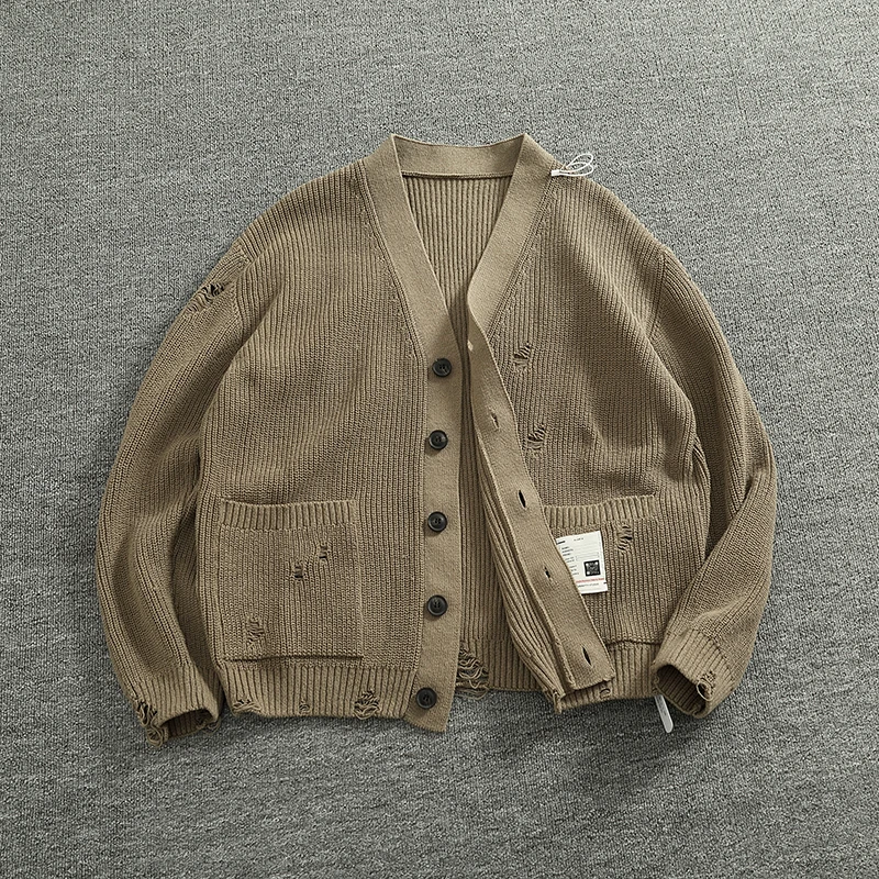 سترة محبوكة ثقيلة الوزن كسول كبيرة الحجم على شكل حرف V سترة محبوكة للرجال فضفاضة للتدمير الشخصي القديم فضفاضة طويلة... #4