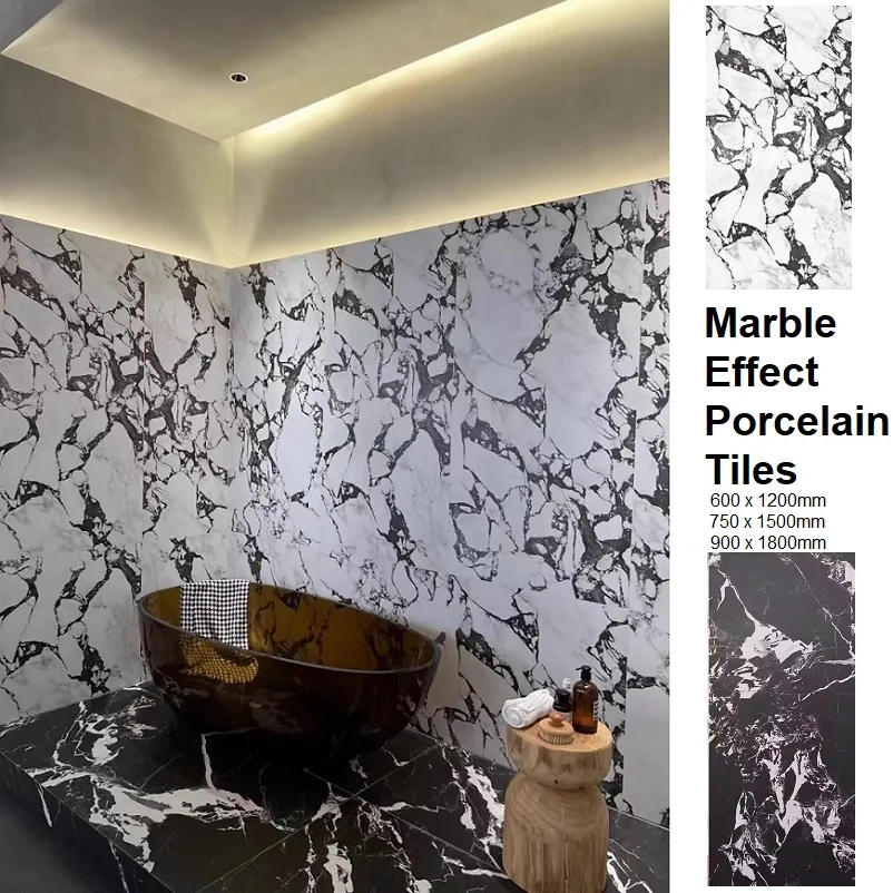 White Marble Effect Porcelain Tiles for bathroom wall, large format 90x180cm, Matt Calacatta Finish Floor