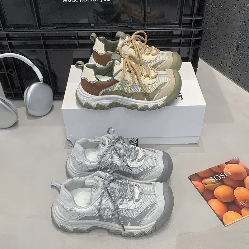 Vintage Camo Mesh Hiking Sneakers Women Color Block Lace Up Non Slip Thick Sole Outdoor Walking Mountain Sports Shoes For Ladies