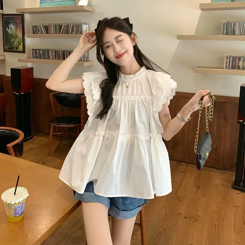 

Summer White Ruffles Women Shirt Vintage Loose Stand Neck Blouses 2024 Blusas Mujer De Moda Y2k Flying Sleeve Sweet Tops