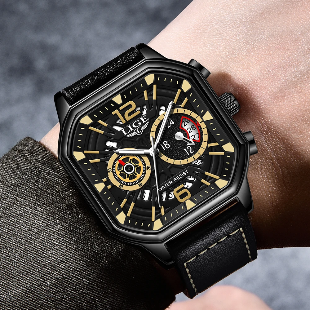 LIGE Fashion Square Dial Leather Mens Watches Luxury Sports Waterproof Date Watch Man Chronograph Quartz WristWatches Homme+Box