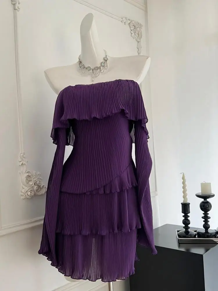 French Vintage Women Autumn Purple Long Sleeve Off Shoulder Mini Dress Fashion Backless Festival Party Slim Short Evening Dress