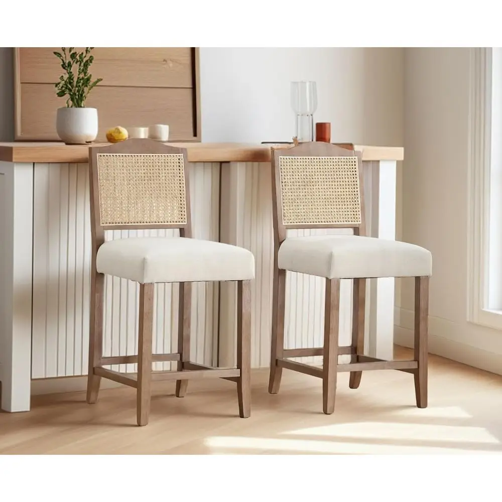 

Rattan Armhouse Barstools, Century Style Upholstered Kitchen Stools with Wood Legs for Island/Dining Room, Linen Beige, 26.5In