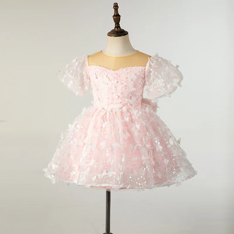 

Children's Princess Dress2025New Light Pink Butterfly Sequin Puff Sleeve Tutu Dress for Girls Fashion Show Dress