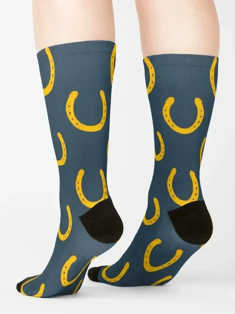 Lucky horseshoes blue and gold print Socks japanese fashion valentine gift ideas winter thermal tennis Woman Socks Men's