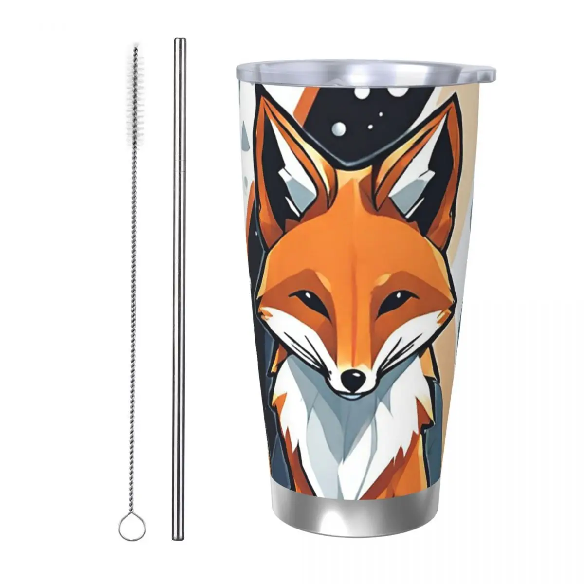 Smiling Geometric Fox Stainless Steel Tumbler Vacuum Insulated Mugs Thermal Cold Cups Straws With Lid 20oz
