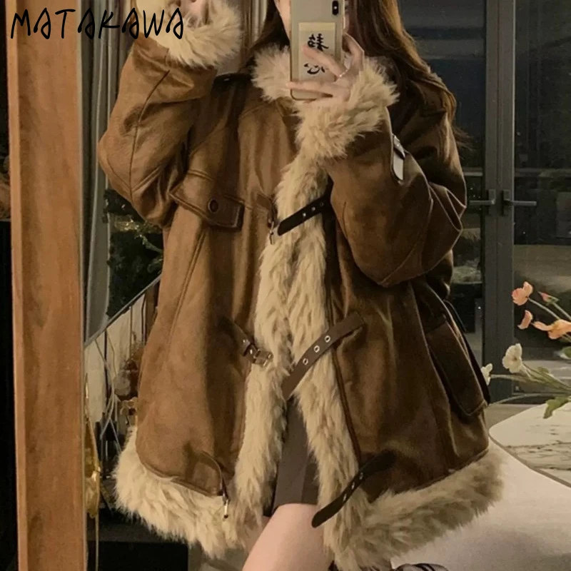 Matakawa Y2k Vintage Jackets for Women Faux Fur Patchwork Thick Warm Couple Chaquetas Mujer Vintage Loose Veste Femme