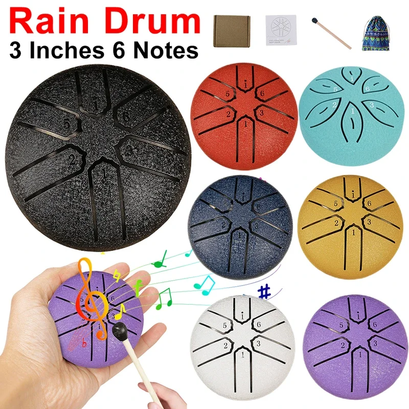 3-calowy 6-tonowy mini handpan Rain Drum - instrument do medytacji na świeżym powietrzu, wyjątkowy prezent relaksacyjny