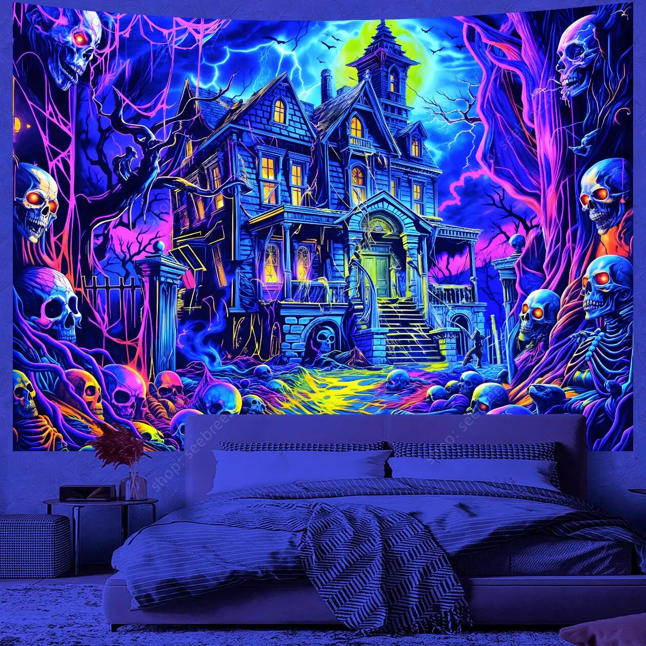 A House Surrounded By Ghosts and Skeletons UV Reactive Tapestry for Halloween Backdrop Decorative Props House Room Wall Decor