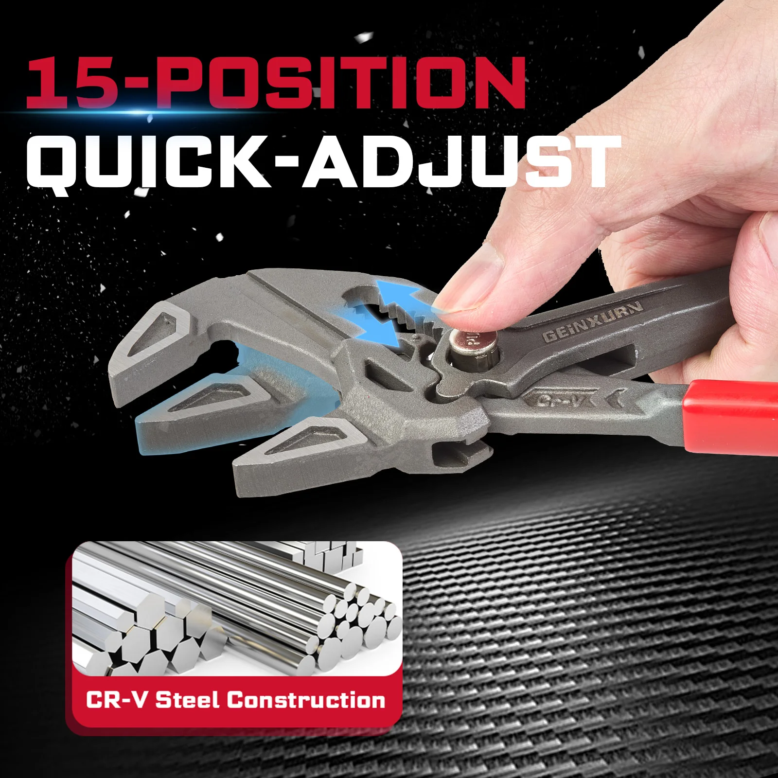Geinxurn Heavy Duty 7-Inch Water Pump Pliers w/ Quick Button, 15-Position, 1.5" Capacity, CR-V Steel Parallel Jaws image 4