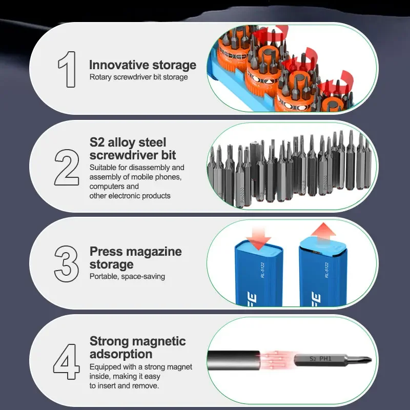 RELIFE RL-5122 43 in 1 Rotary Screwdriver Tool Set Innovative Rotating Shaft with 40 Screwdriver Bits  Repair Tools
