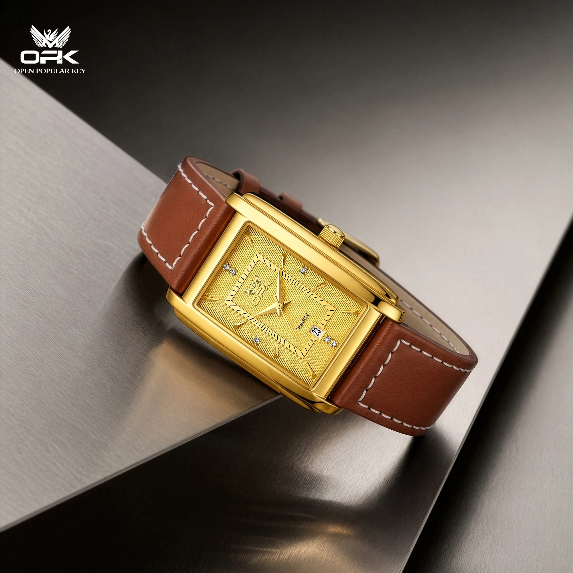 OPK 6106 Luxury Quartz Movement Watch For Men Classic Rectangular Dial Leather Strap 30m Waterproof Calendar Window Watch