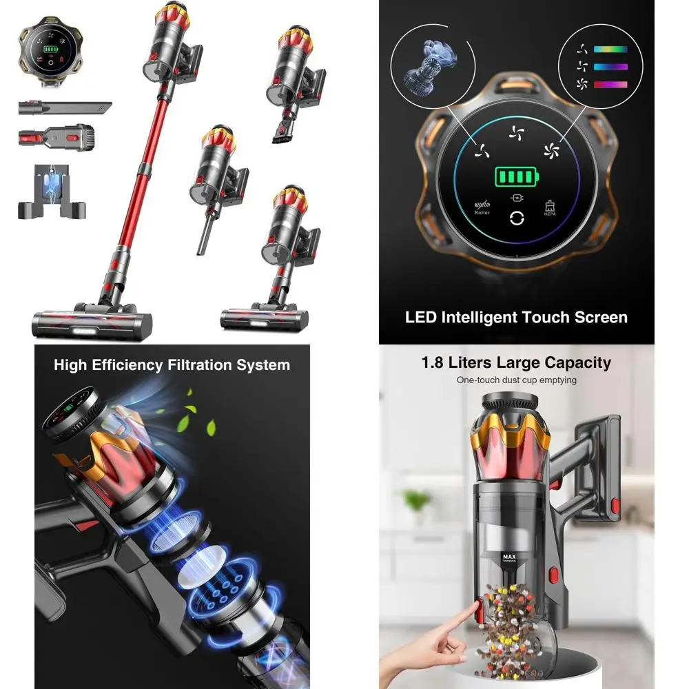 

70-минутный беспроводной пылесос мощностью 650 Вт с OLED-экраном, щеткой против запутывания для дома, твердой древесины, ковров, шерсти домашних животных, автомобиля (красный)