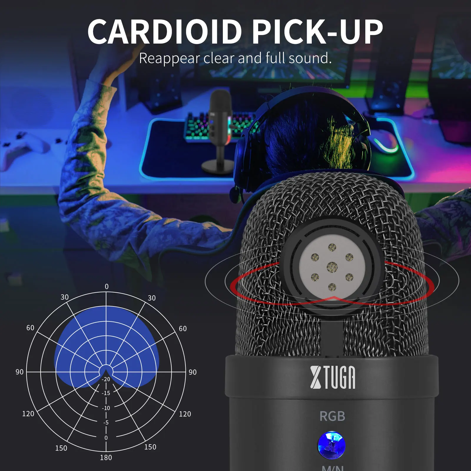 Microfono a condensatore USB XTUGA per lo Streaming di registrazione del Computer con uscita per cuffie da 3.5mm e illuminazione RGB