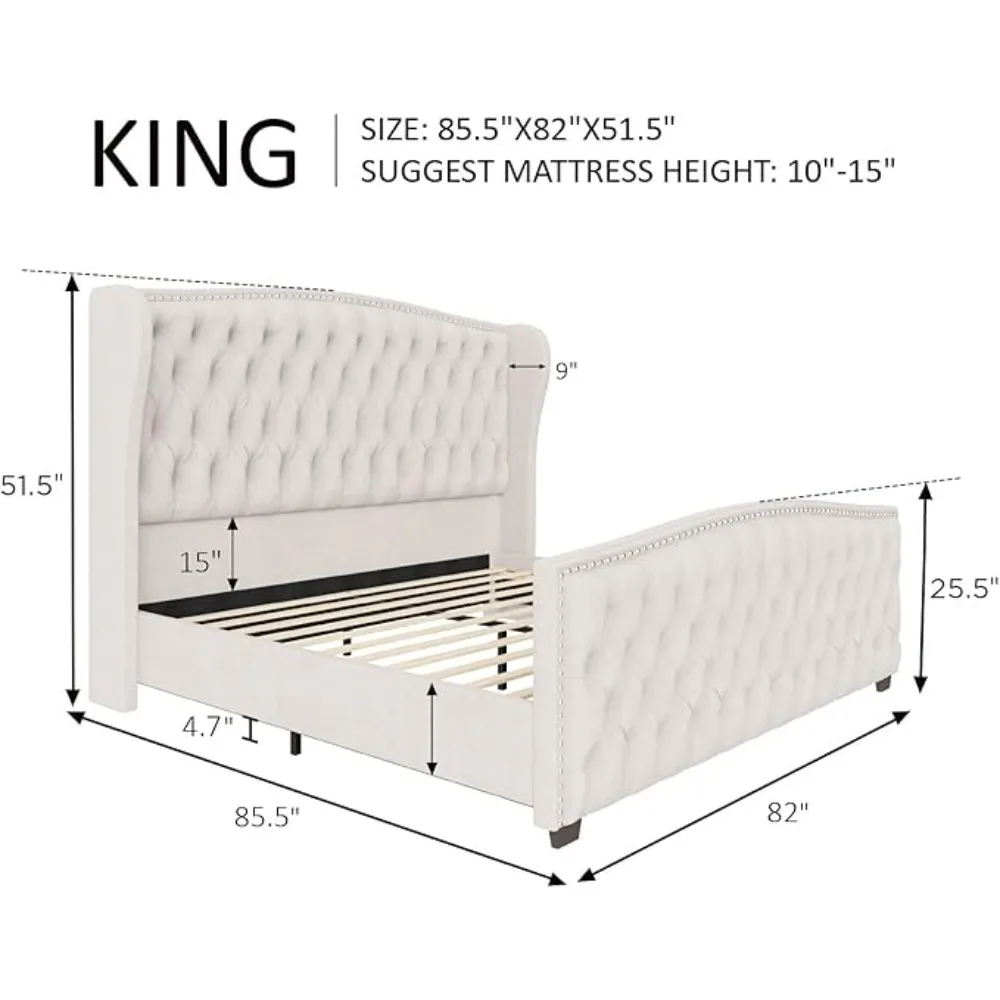 Platform Bed Frame, Velvet Upholstered Bed with Deep Button Tufted & Nailhead Trim Wingback Headboard/No Box Spring Required