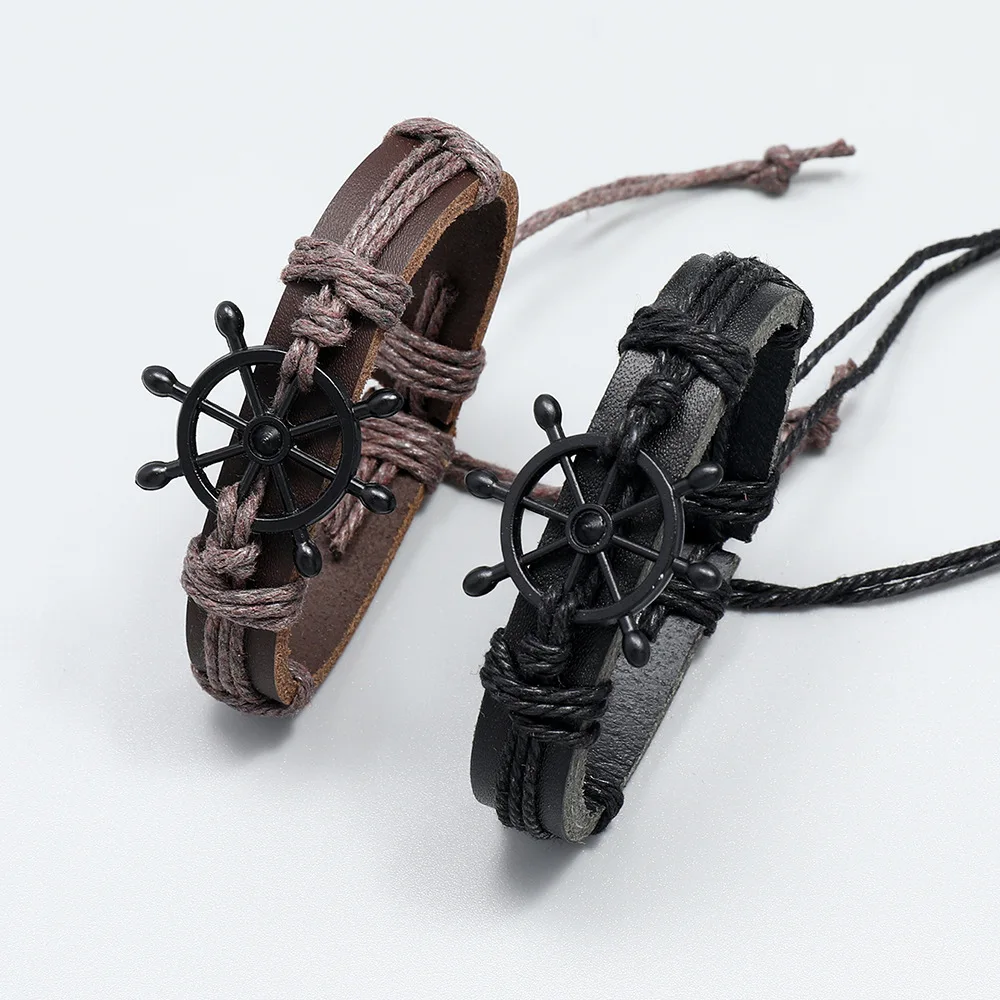 Vintage Woven Black Leather Charm Bracelet for Men, Couples, Boat Rudder Bracelet, Fashionable Jewelry Gift