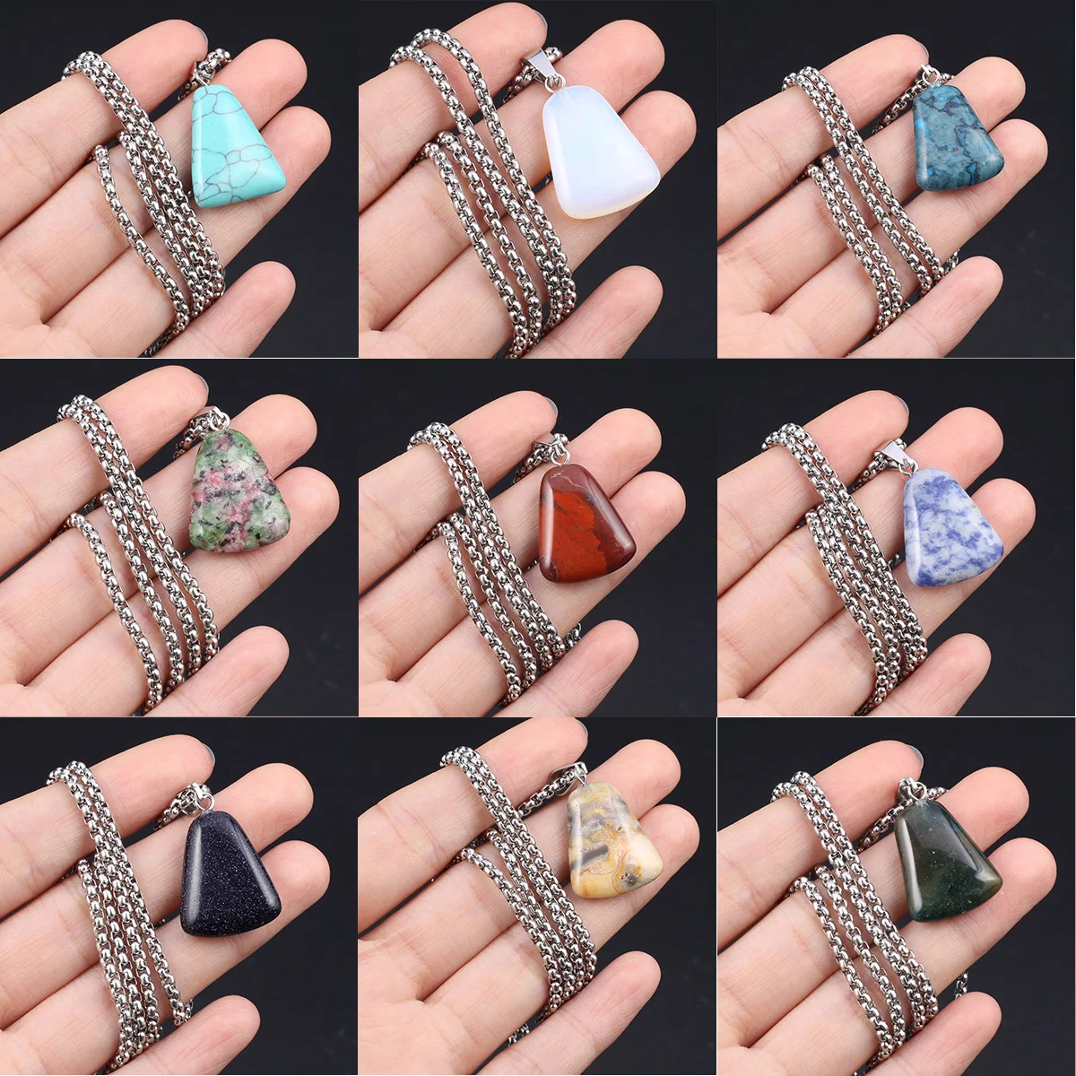 Trapezoid Natural Stone Pendant Necklace Fashion Natural Rose Quartzs Crazy Agates Pendant Necklace for Jewerly Gift 18x25mm