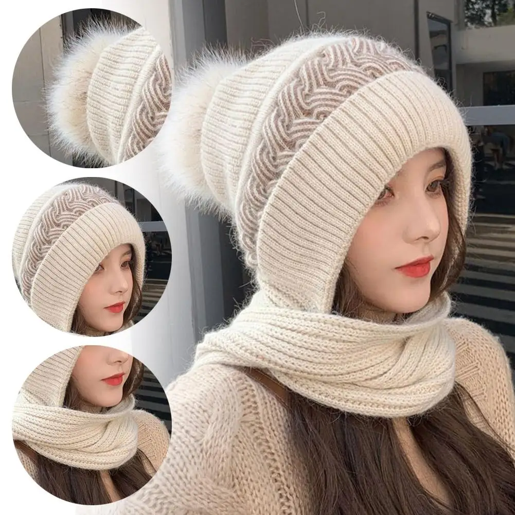 Hat Scarf Women's Plus Velvet Thickened Wool Hat Ear One-piece Windproof Protection Warm Cold-proof Hat Knitted Cycling Hat V0W5